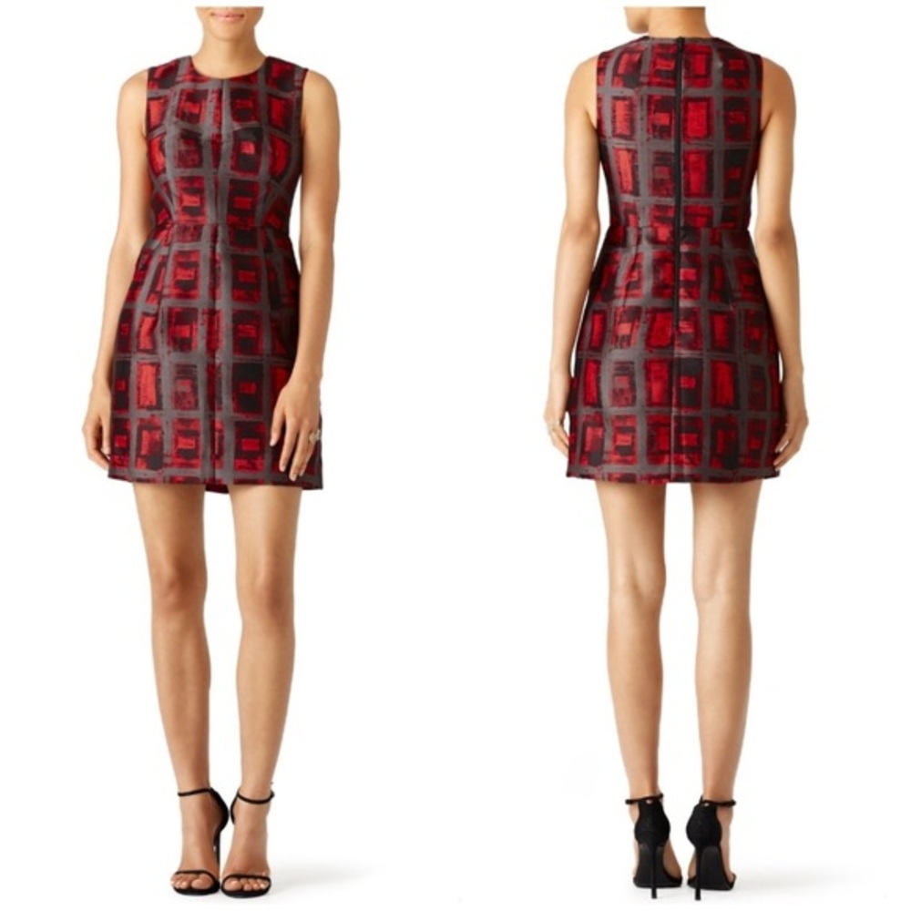 Milly Brushstroke Geometric Grid Checker Jacquard Red Gray Cocktail Mini Dress 8